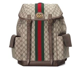 Gucci Beige Monogram Backpack with Green and Red Accents